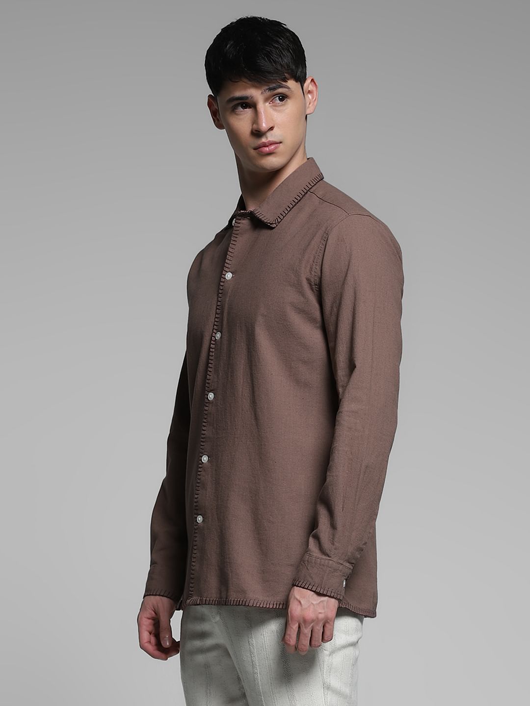 Brown Stitch Detail Cotton Shirt
