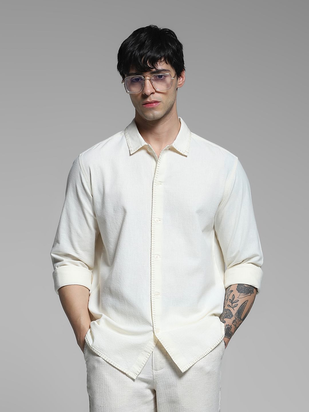 Cream Stitch Detail Cotton Shirt - S