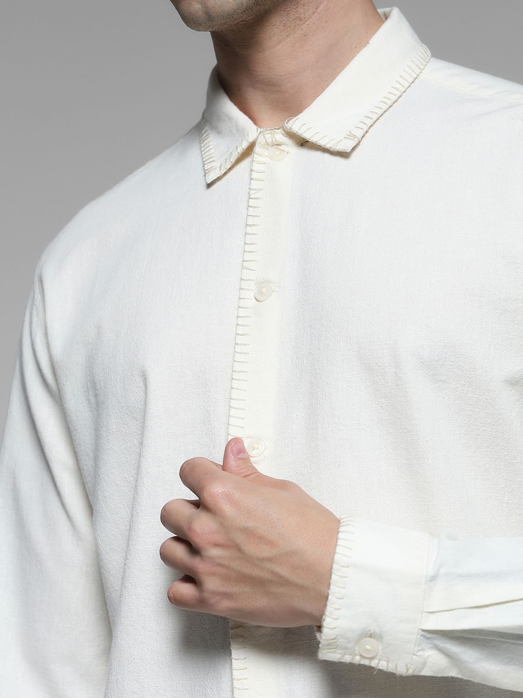 Cream Stitch Detail Cotton Shirt