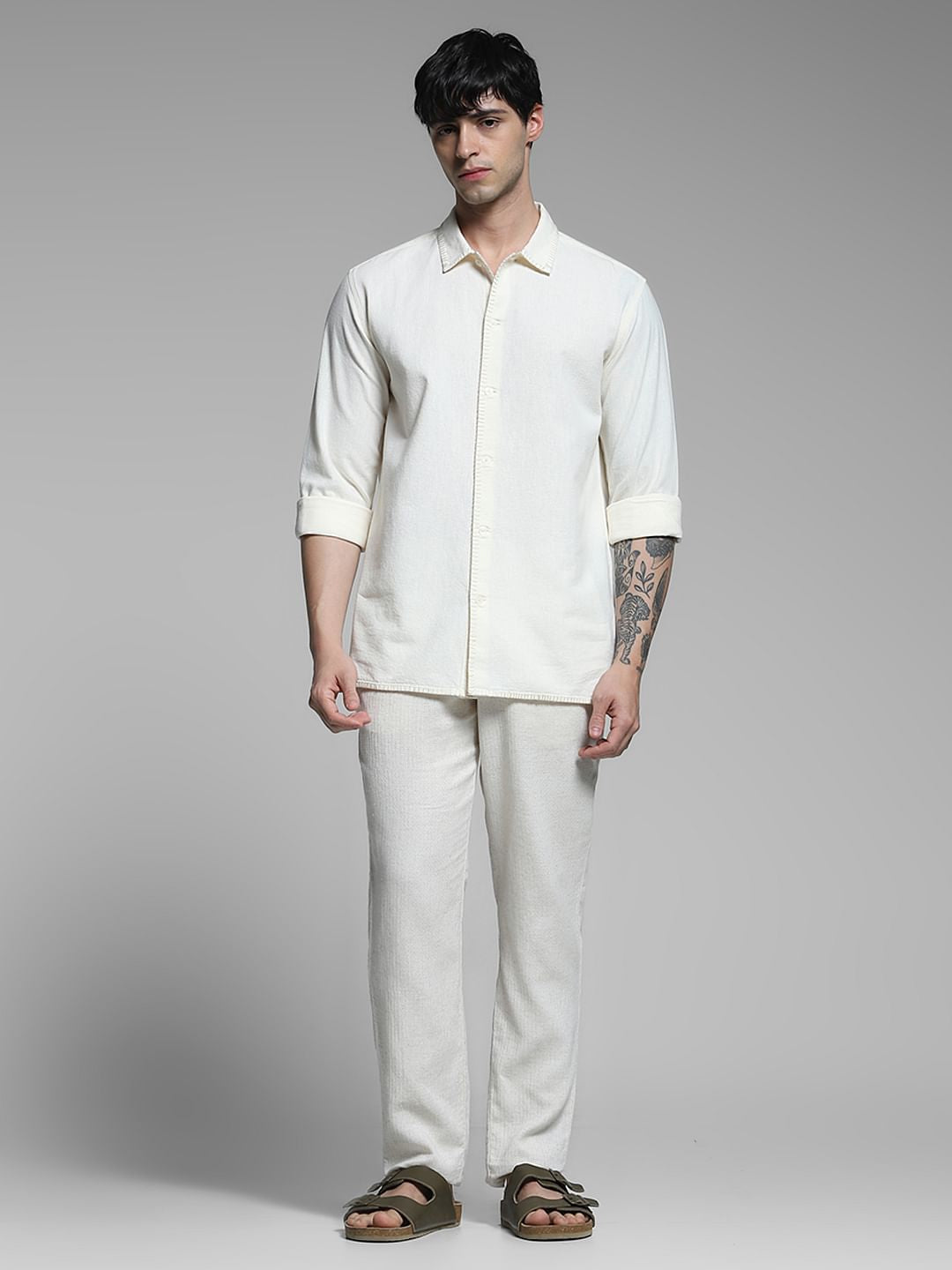 Cream Stitch Detail Cotton Shirt