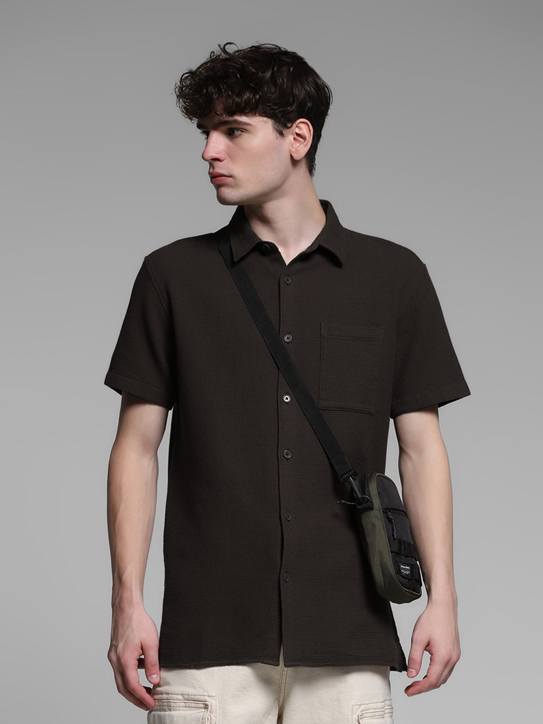 Brown Waffle Textured Cotton Shirt - S