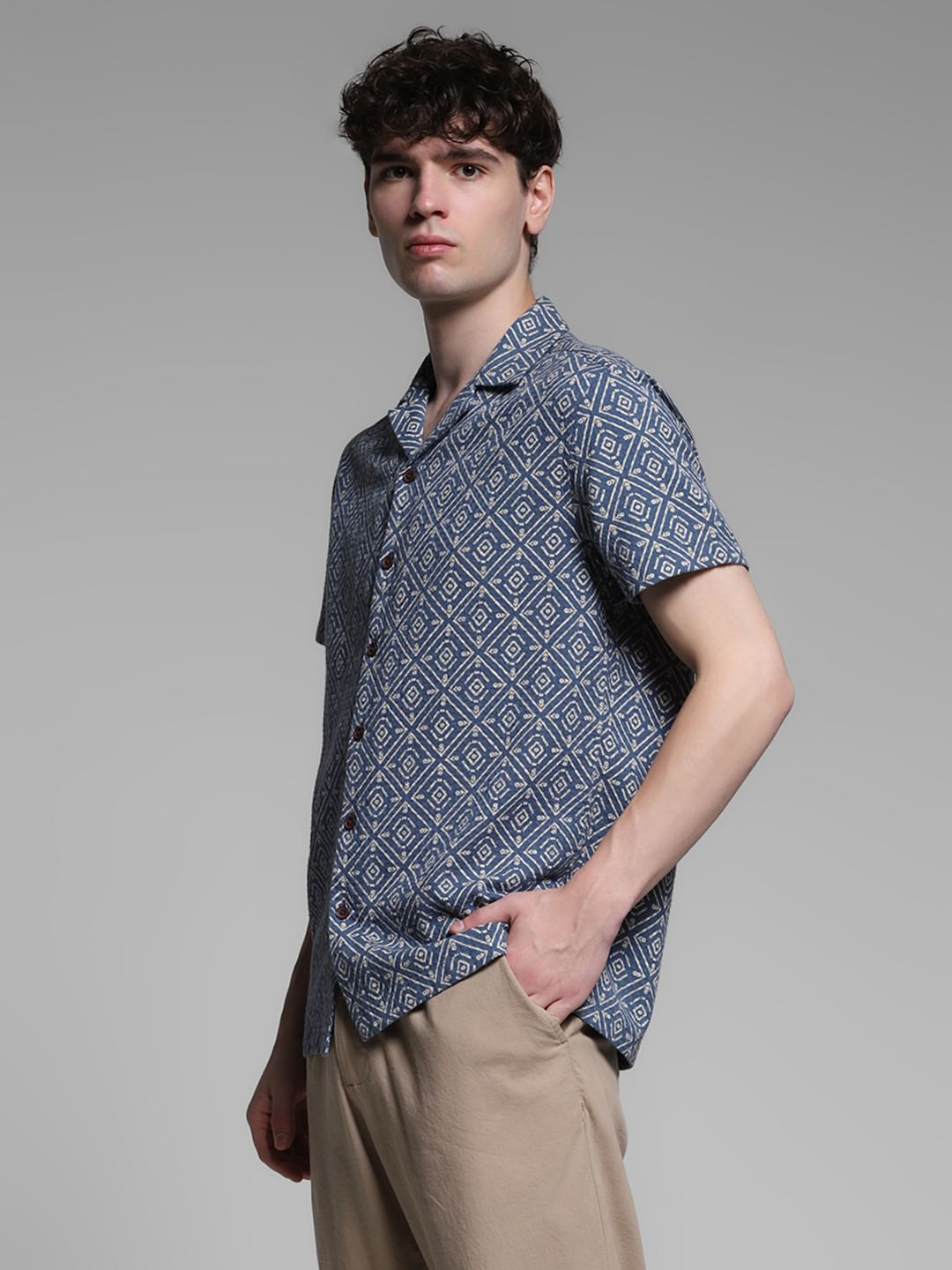 Blue Resort Collar Cotton Shirt