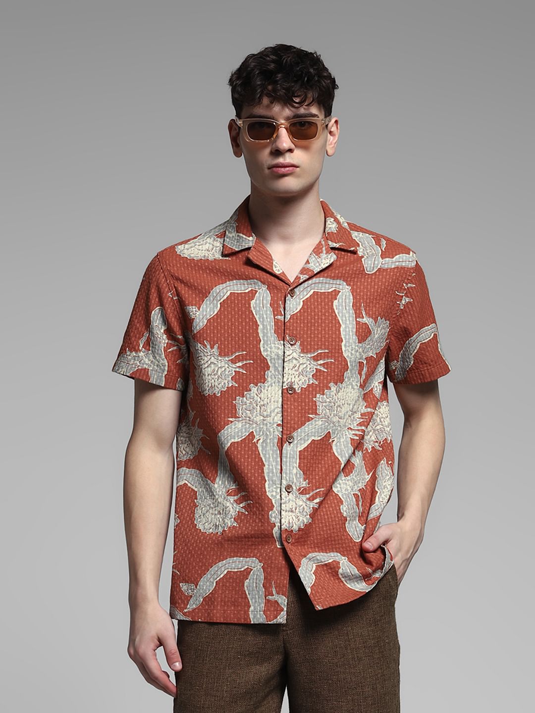 Brown Resort Collar Cotton Shirt - S