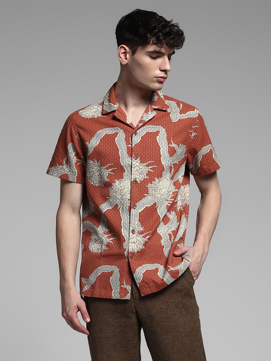 Brown Resort Collar Cotton Shirt