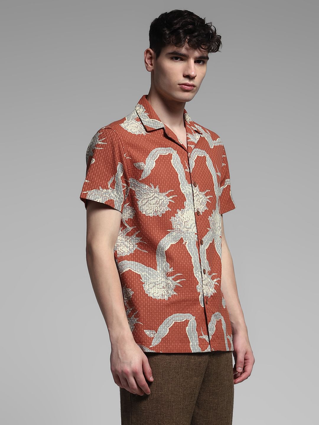 Brown Resort Collar Cotton Shirt