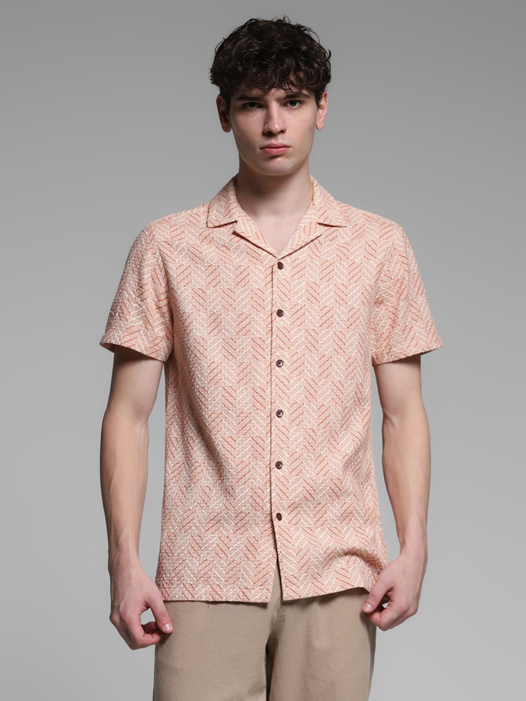 Light Brown Resort Collar Cotton Shirt