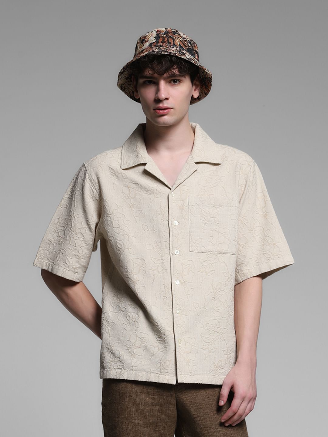 Beige Embroidered Jacquard Shirt - S