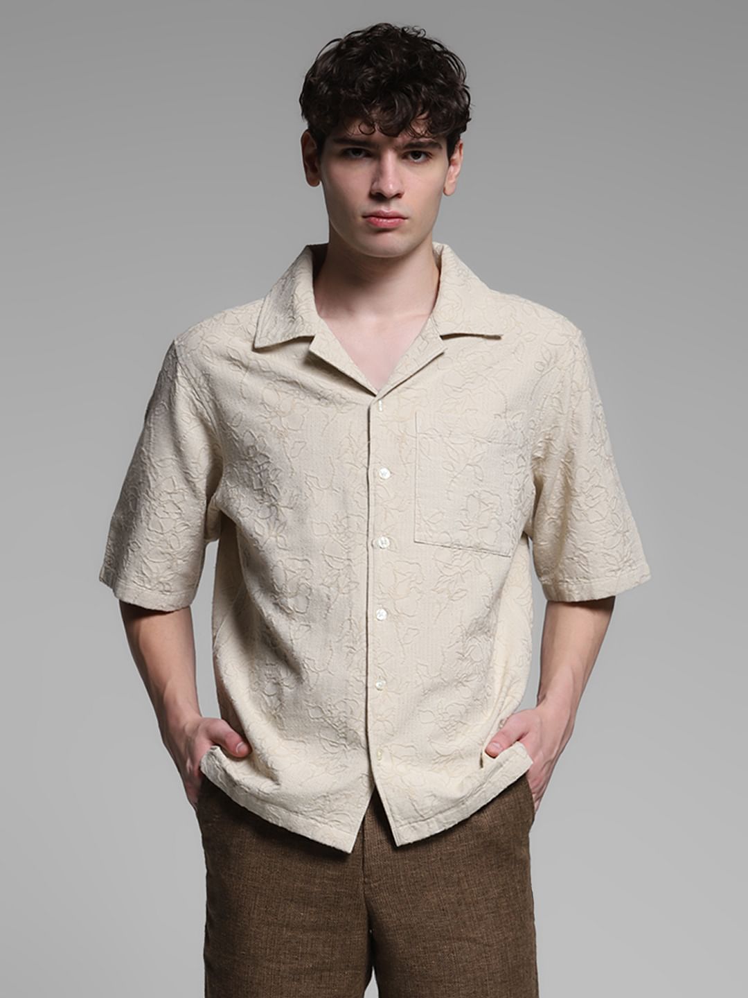 Beige Embroidered Jacquard Shirt