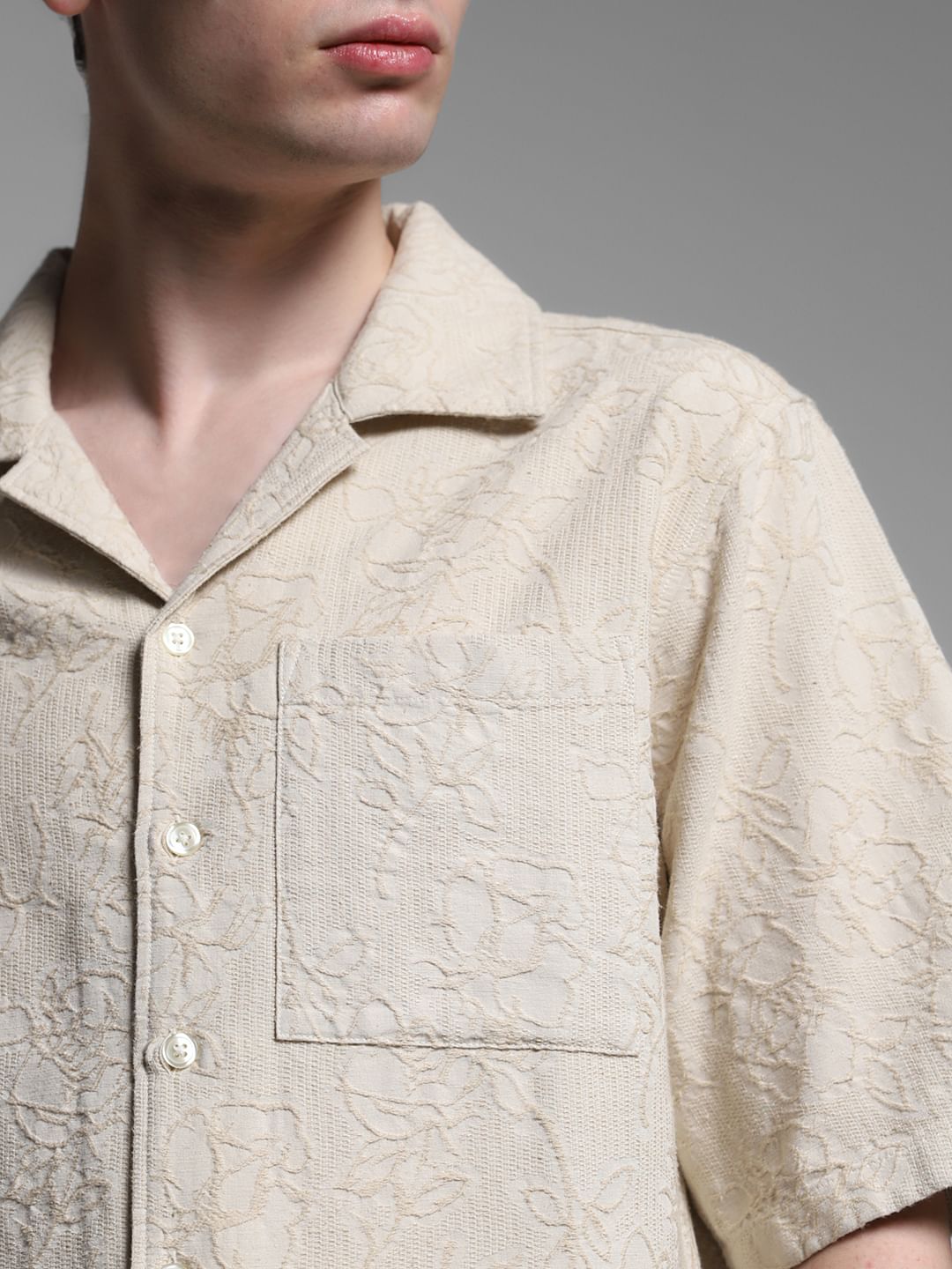 Beige Embroidered Jacquard Shirt