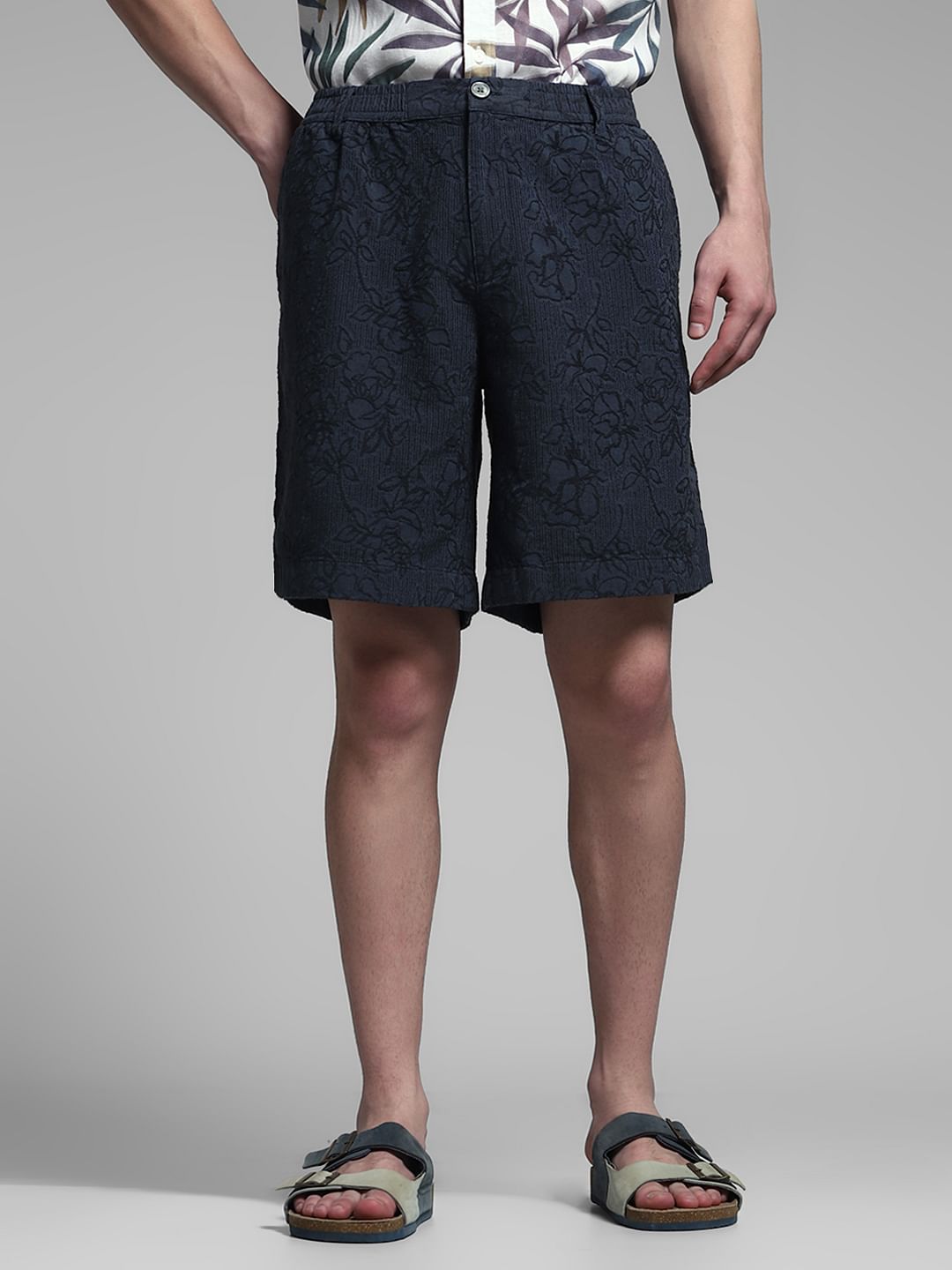 Dark Navy Embroidered Jacquard Shorts