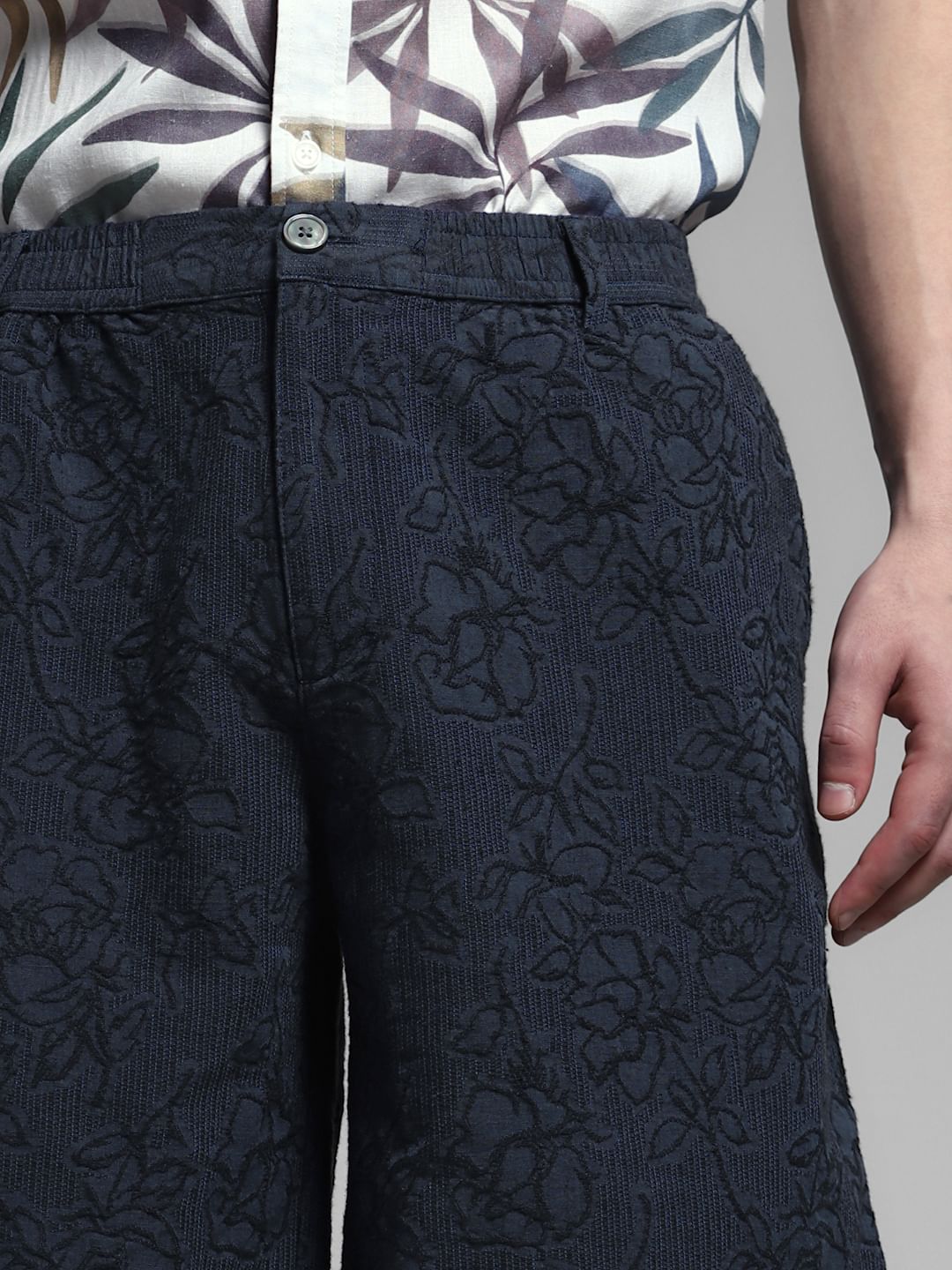 Dark Navy Embroidered Jacquard Shorts