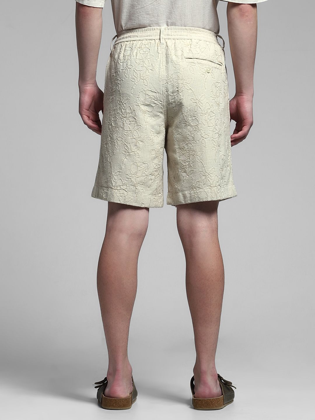 Beige Embroidered Jacquard Shorts