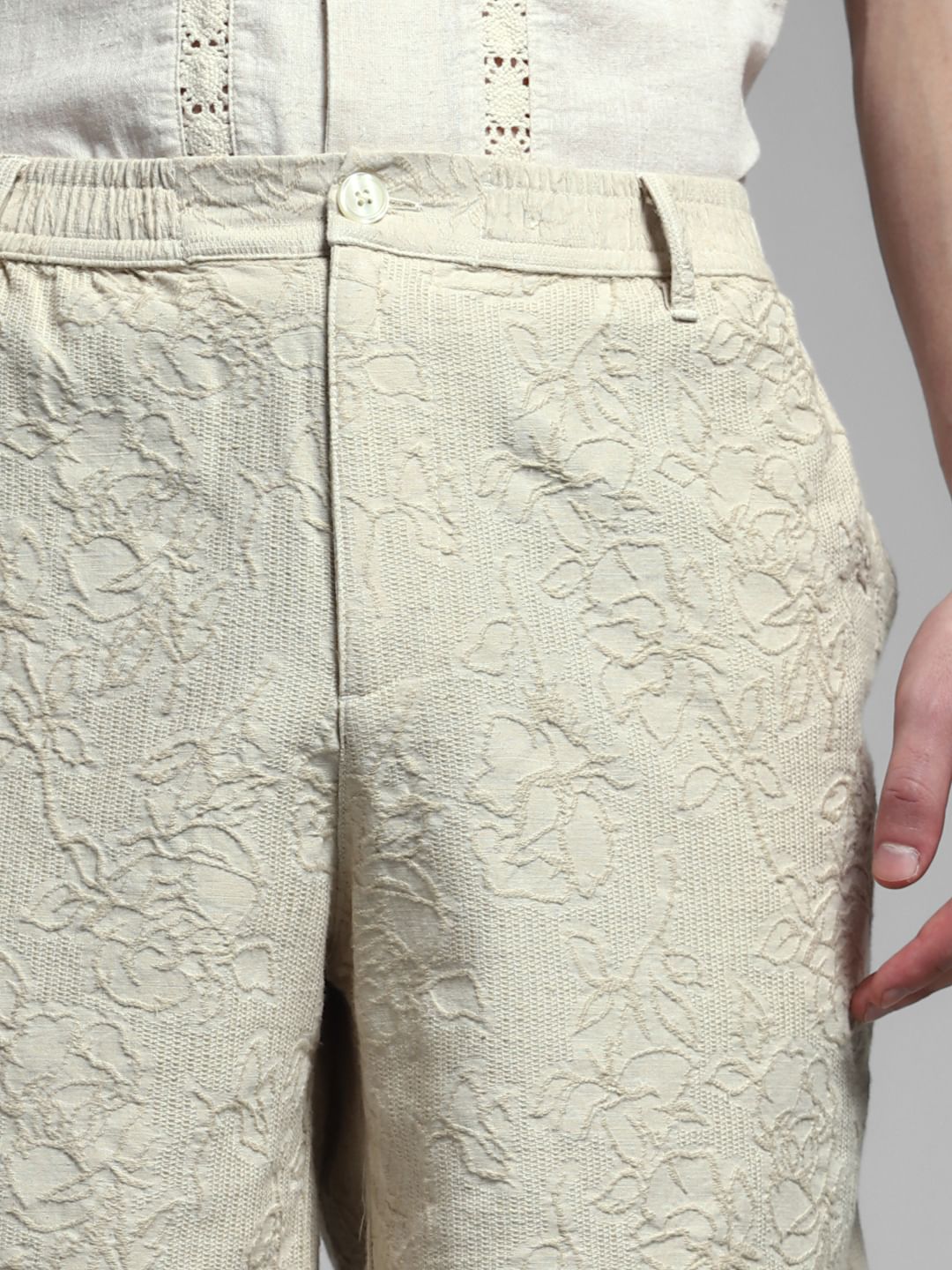 Beige Embroidered Jacquard Shorts