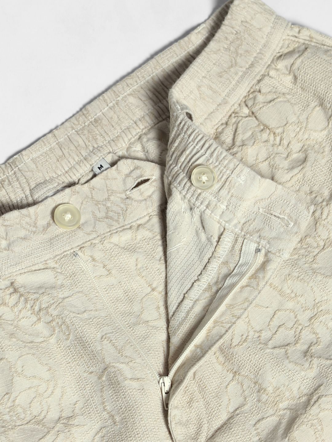 Beige Embroidered Jacquard Shorts