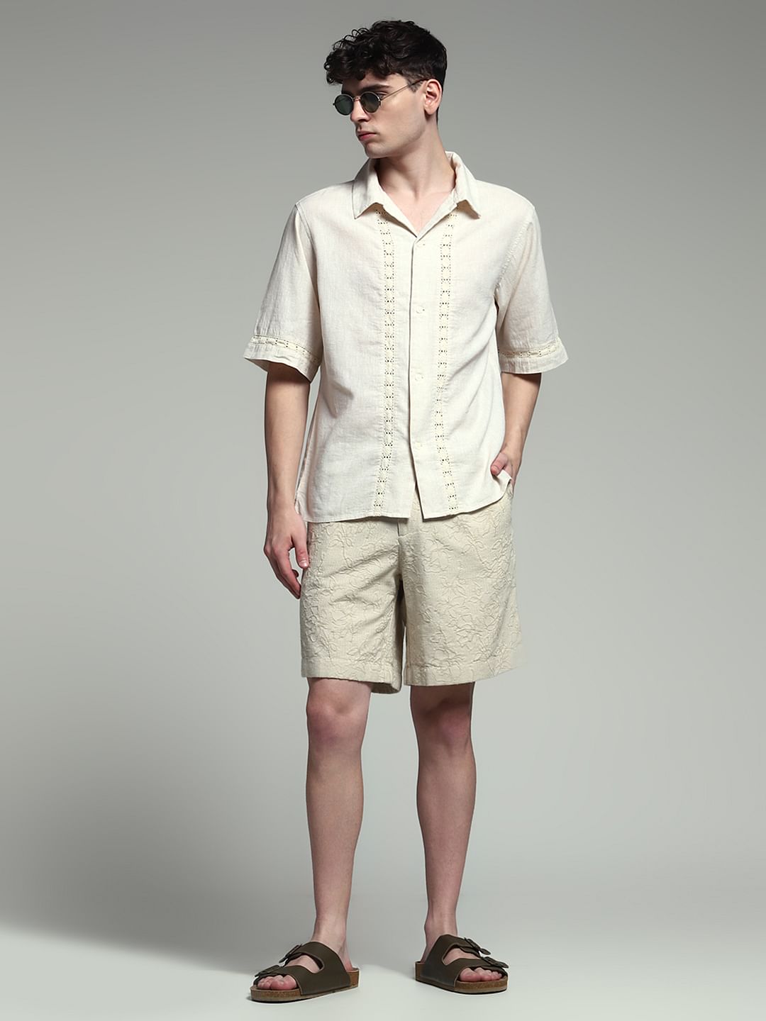 Beige Embroidered Jacquard Shorts