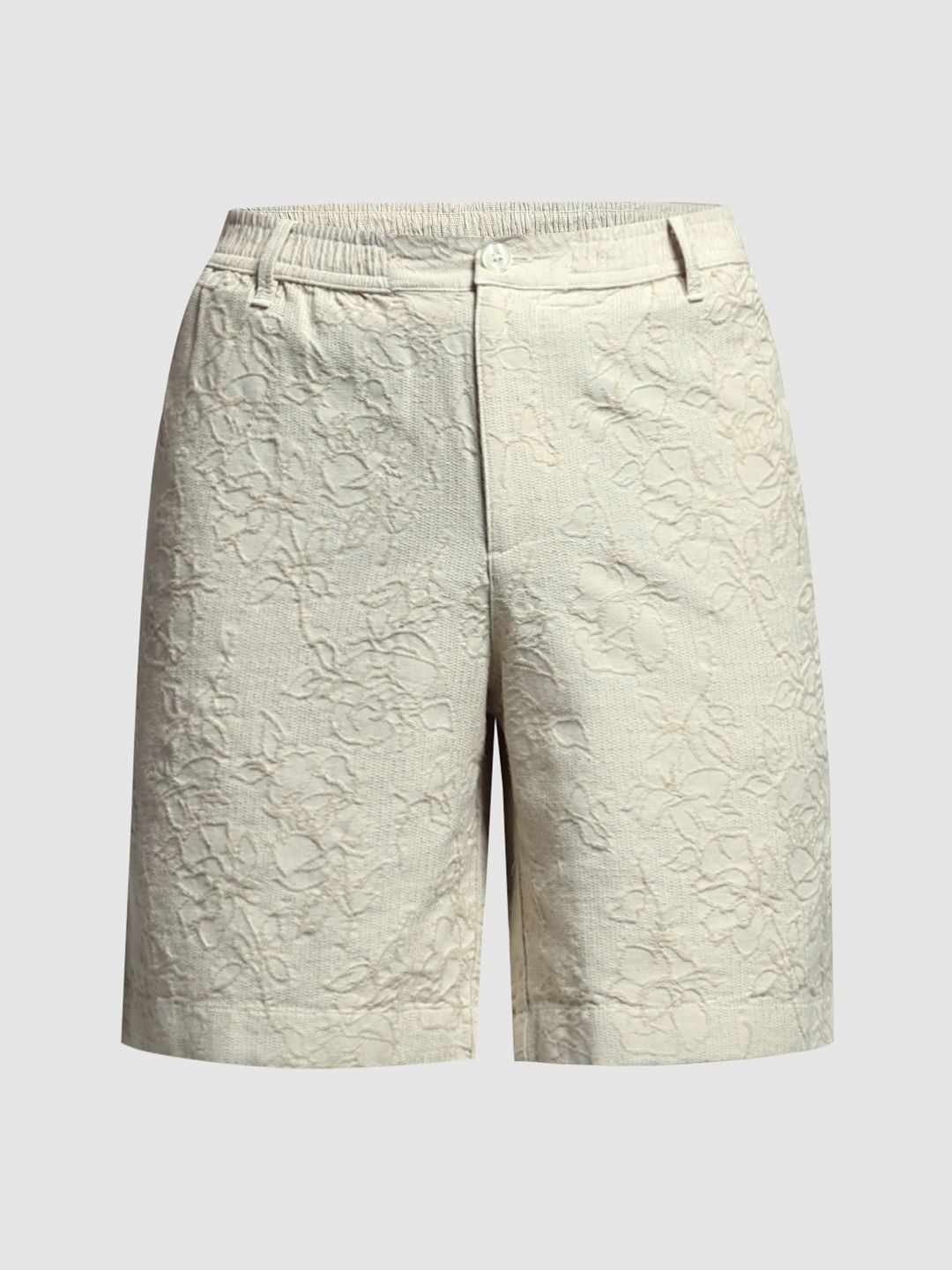 Beige Embroidered Jacquard Shorts