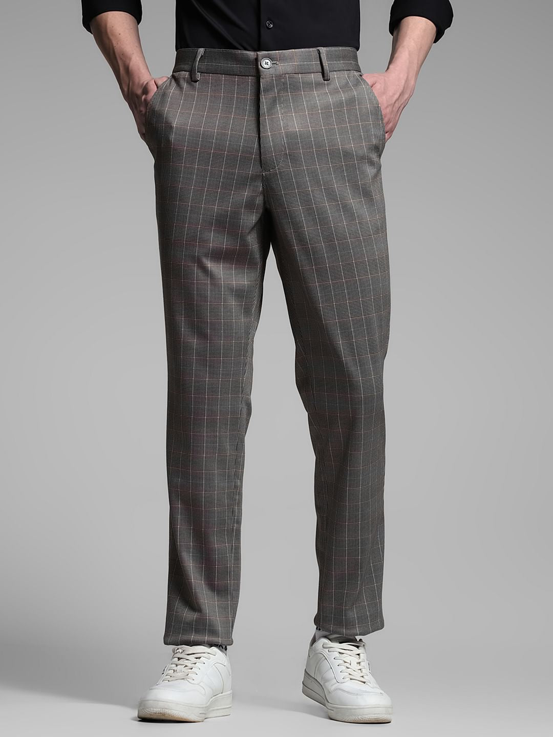 Brown Check Print Slim Fit Pants - 46