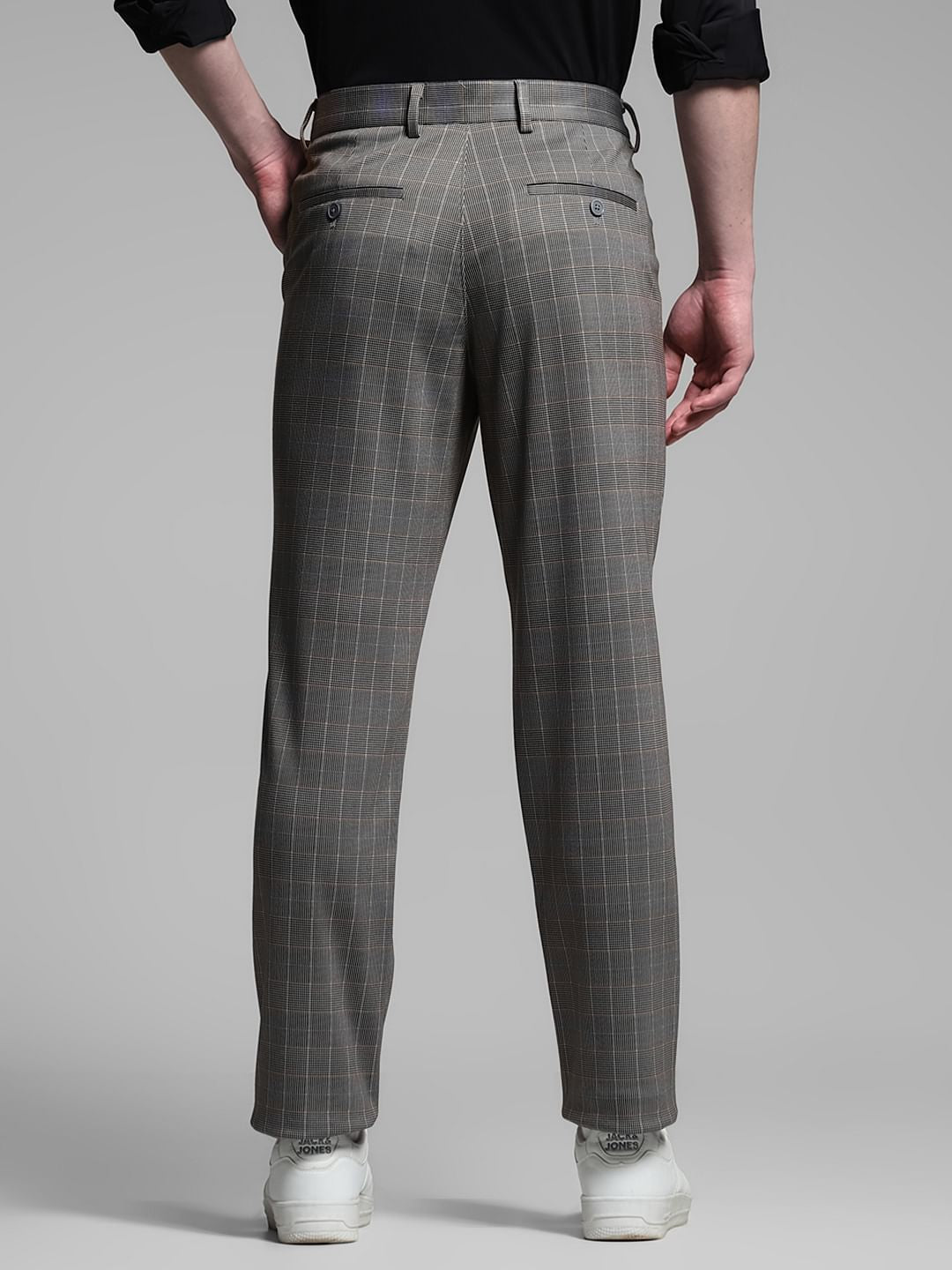 Brown Check Print Slim Fit Pants