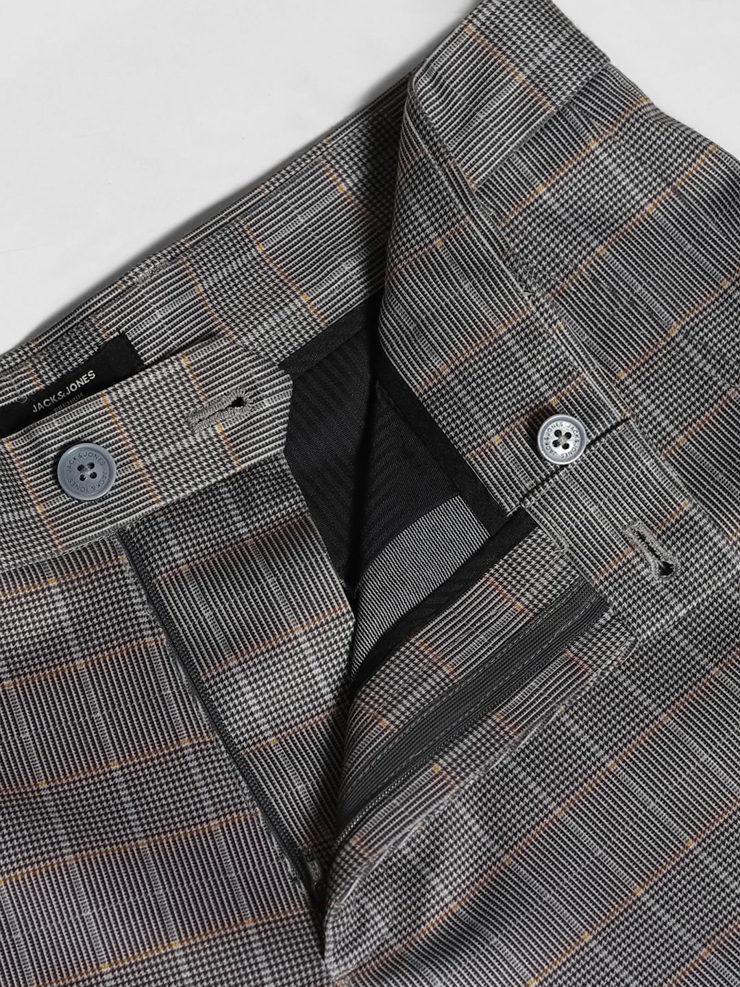 Brown Check Print Slim Fit Pants