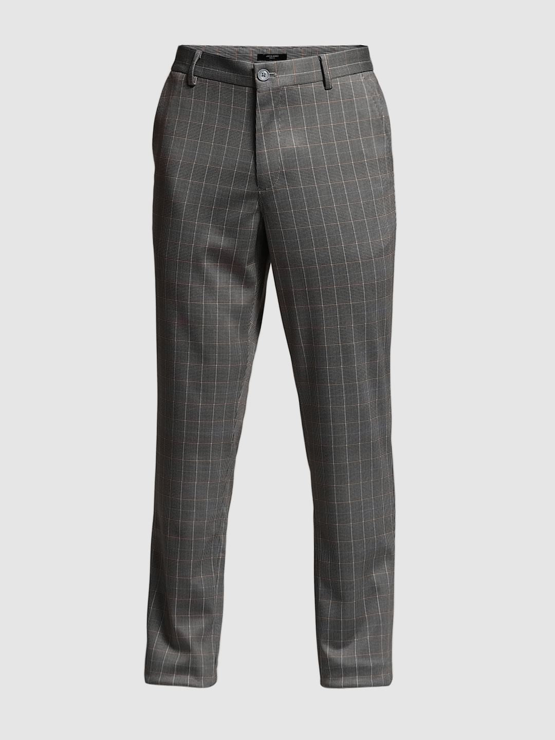 Brown Check Print Slim Fit Pants
