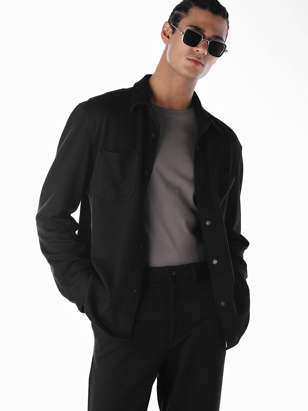 Oversized Full Sleeves Shirt - Black - S