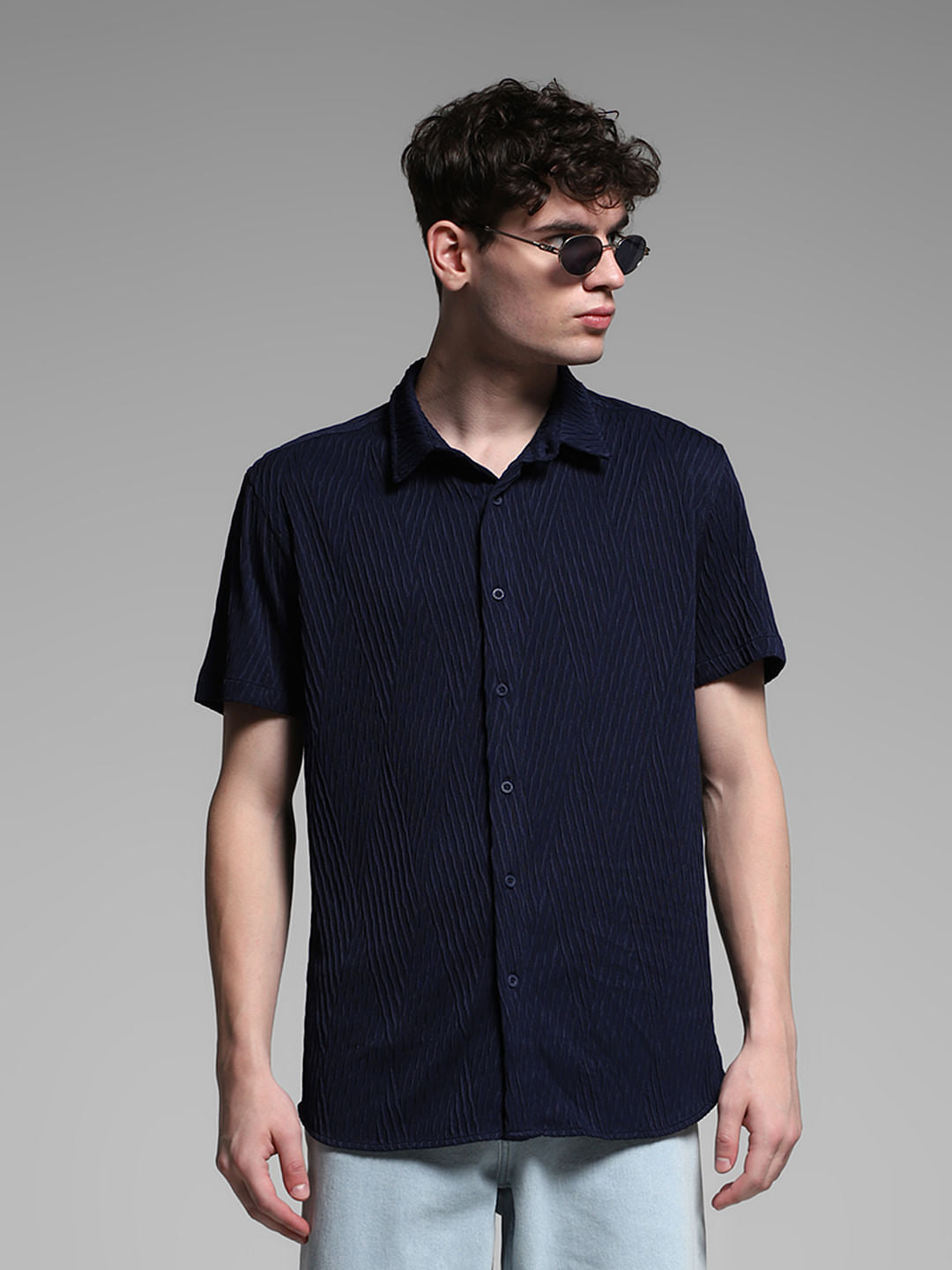 Navy Blue Stretch Textured Shirt - S