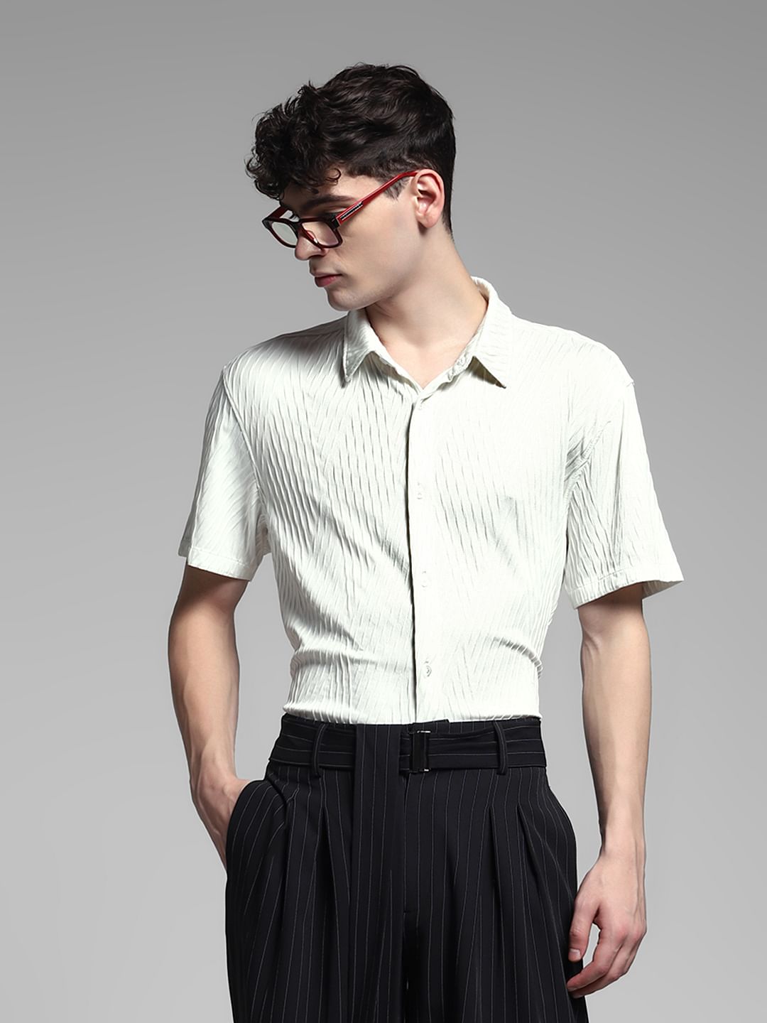 White Stretch Textured Shirt - S