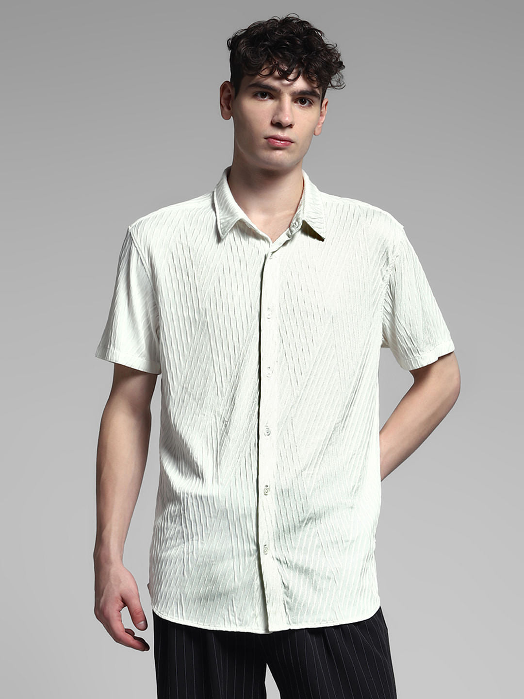 White Stretch Textured Shirt