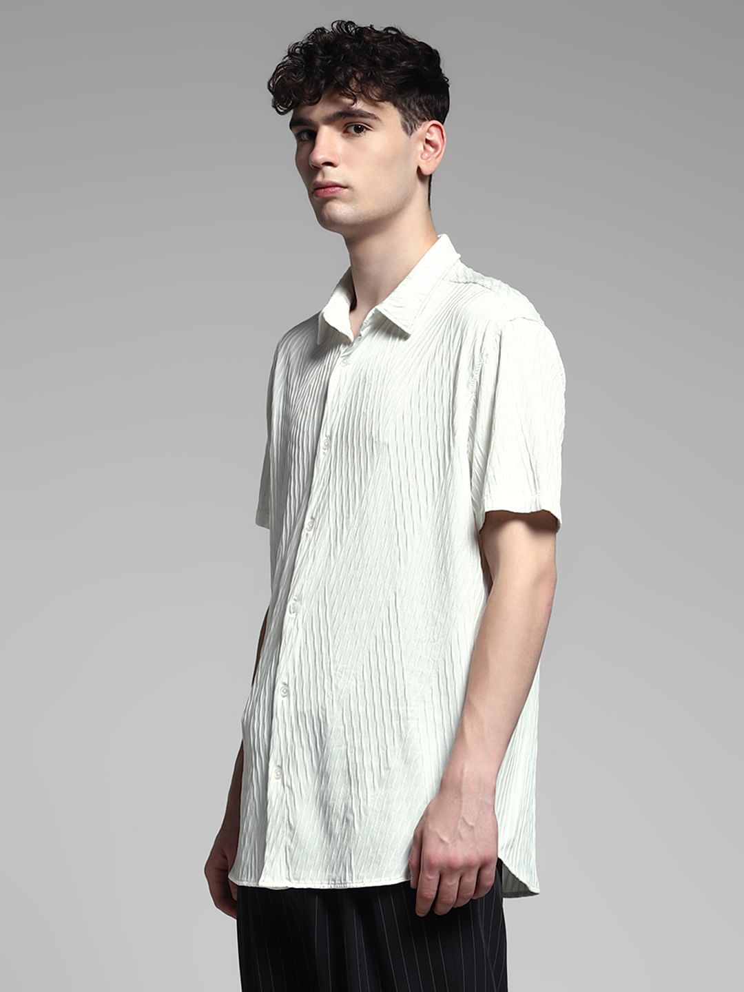 White Stretch Textured Shirt