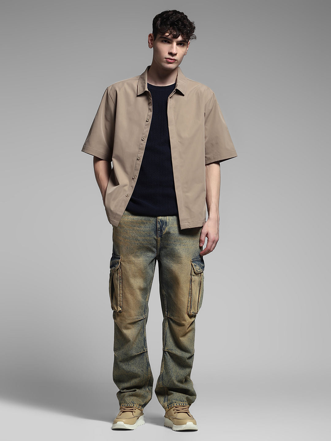 Brown Stretch Oversized Shirt