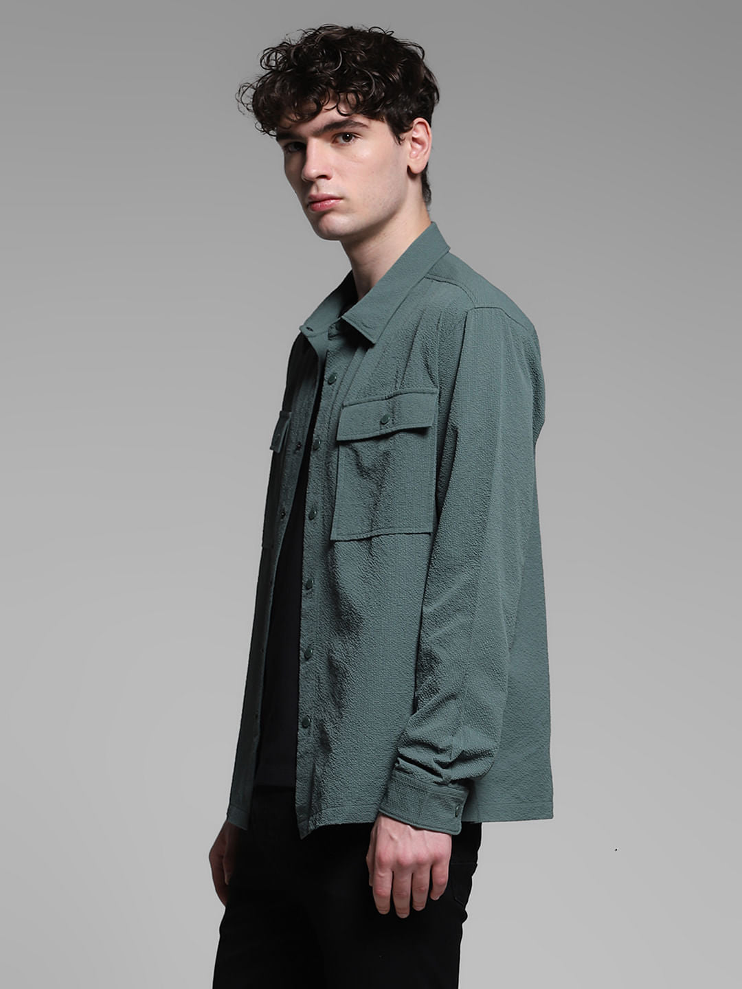 Green Textured Oversized Shirt