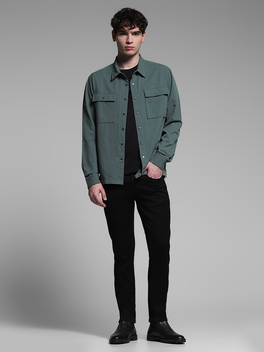 Green Textured Oversized Shirt