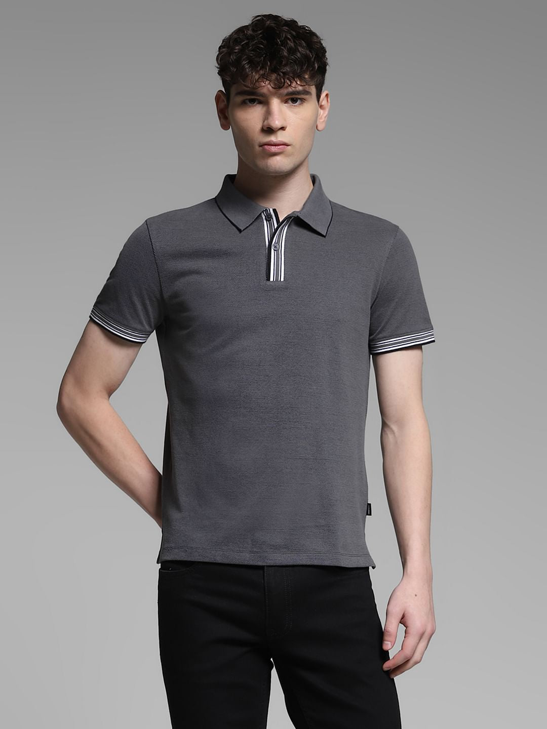 Dark Grey Knitted Cotton Polo