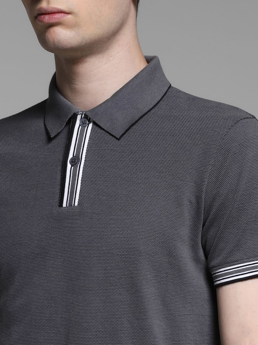 Dark Grey Knitted Cotton Polo