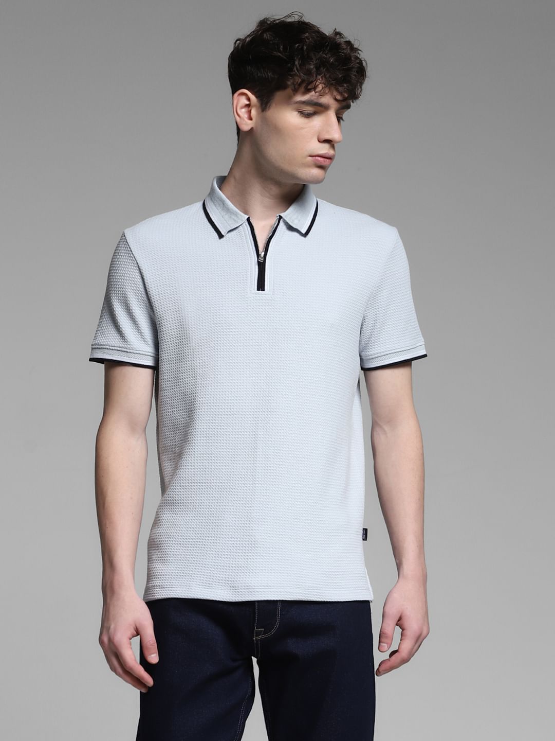 Light Blue Knitted Zip Up Polo