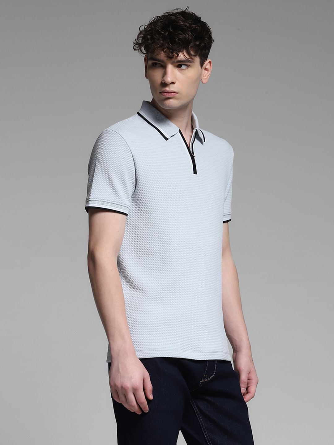 Light Blue Knitted Zip Up Polo