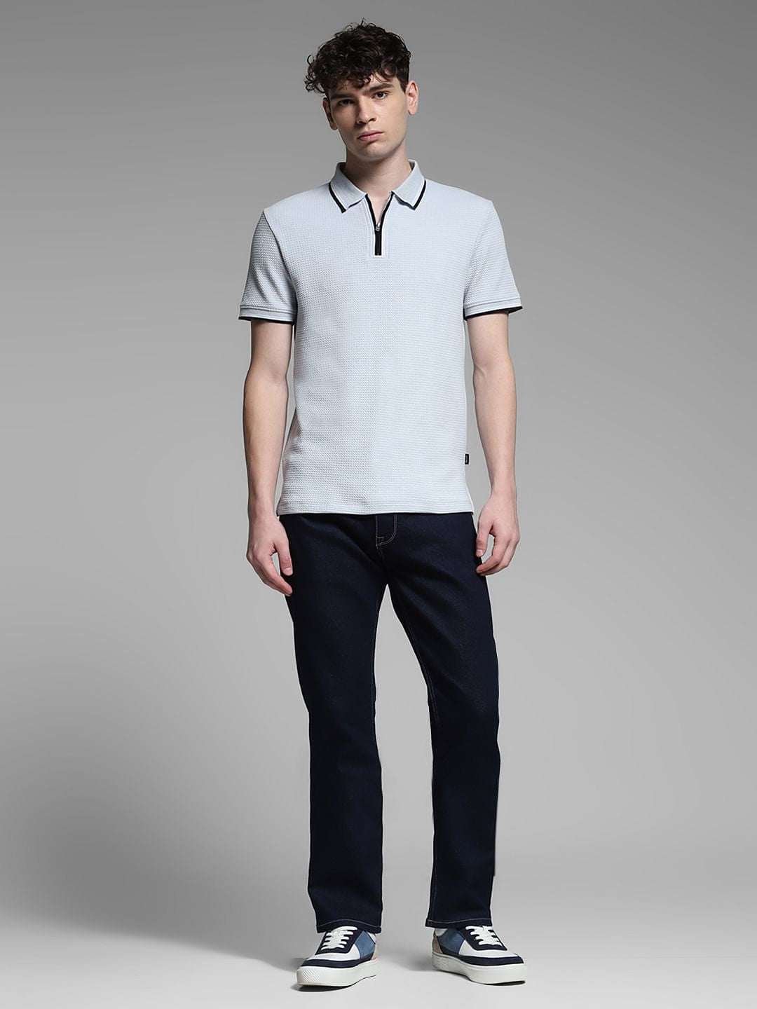 Light Blue Knitted Zip Up Polo