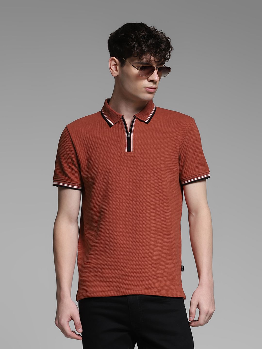 Dark Red Knitted Zip Up Polo