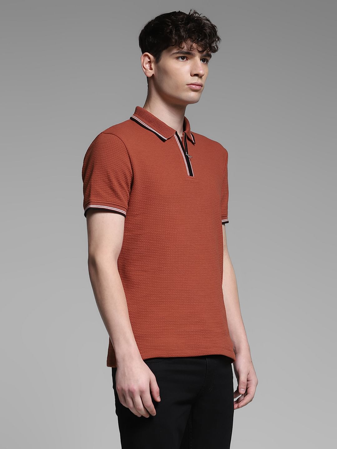 Dark Red Knitted Zip Up Polo