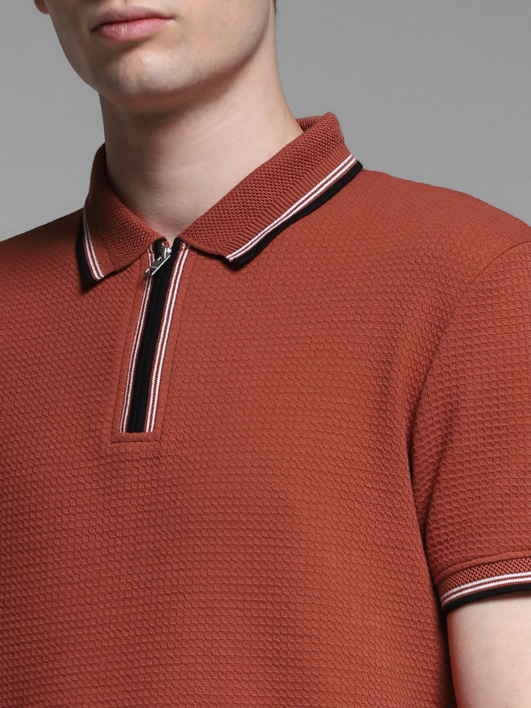 Dark Red Knitted Zip Up Polo