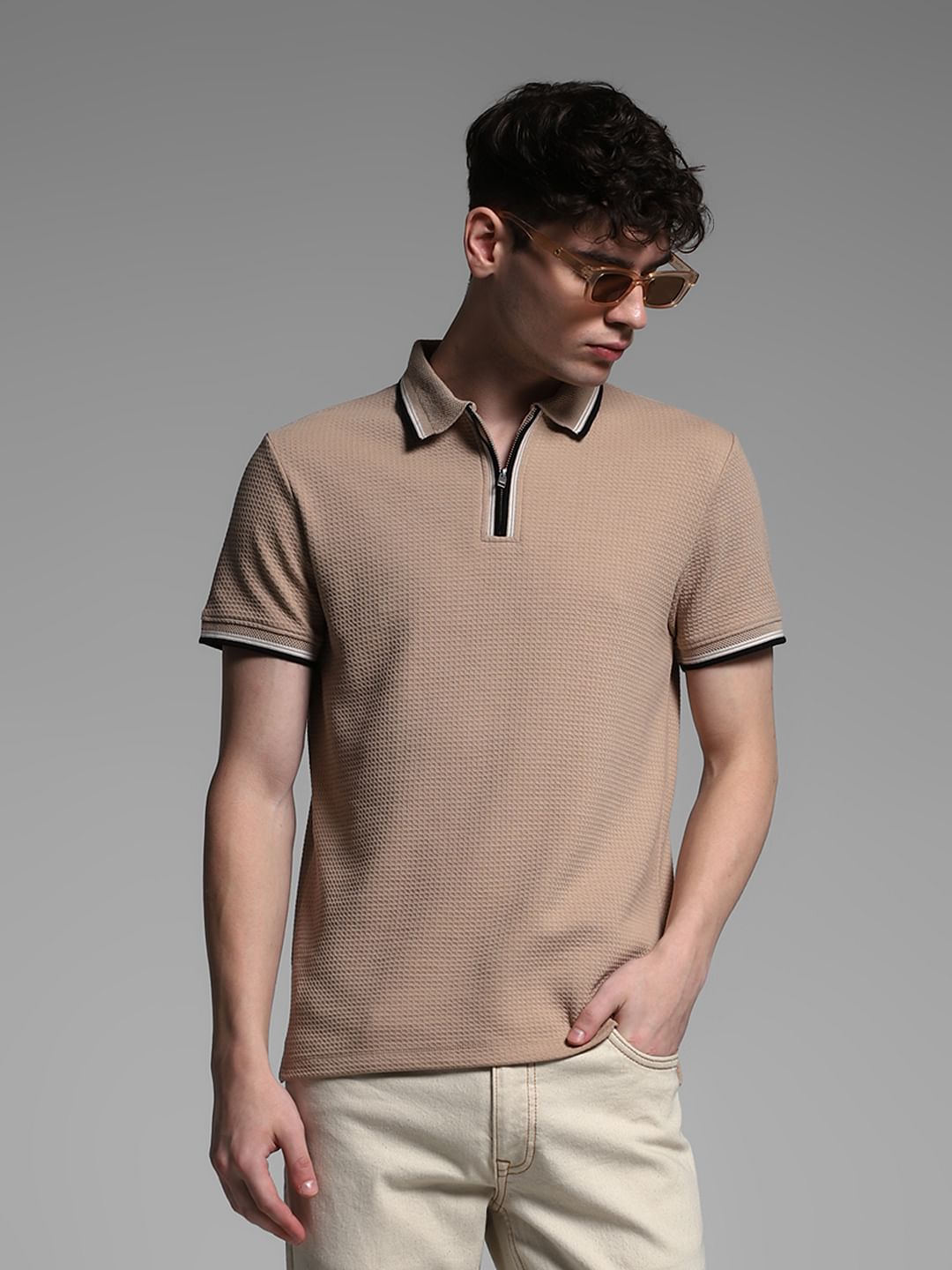 Dark Brown Knitted Zip Up Polo - S