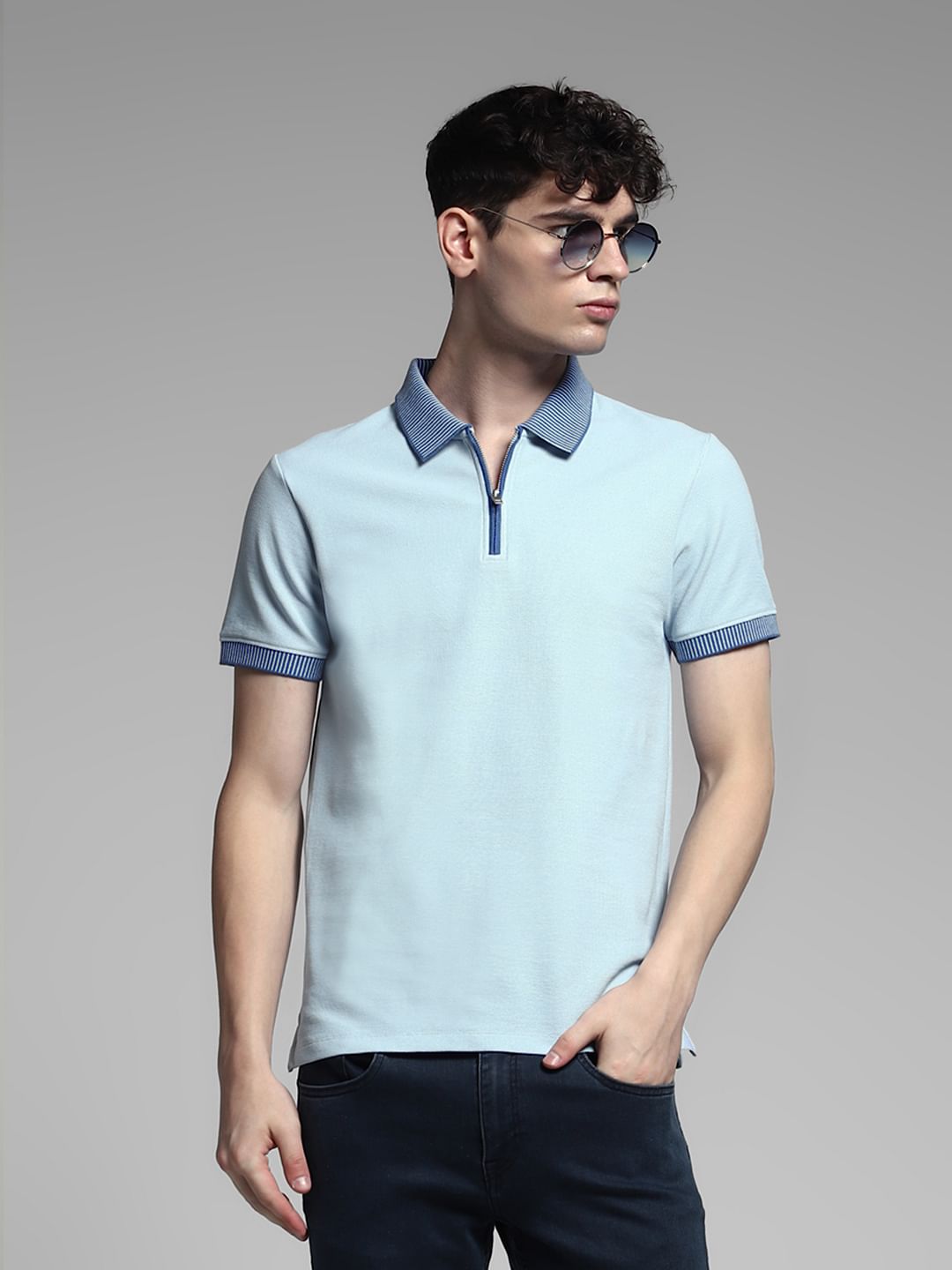 Light Blue Knitted Cotton Polo