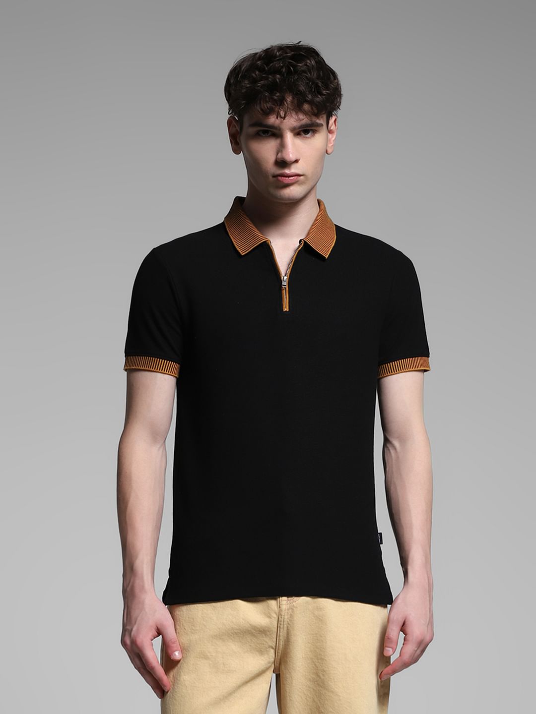 Black Contrast Placket Knitted Polo