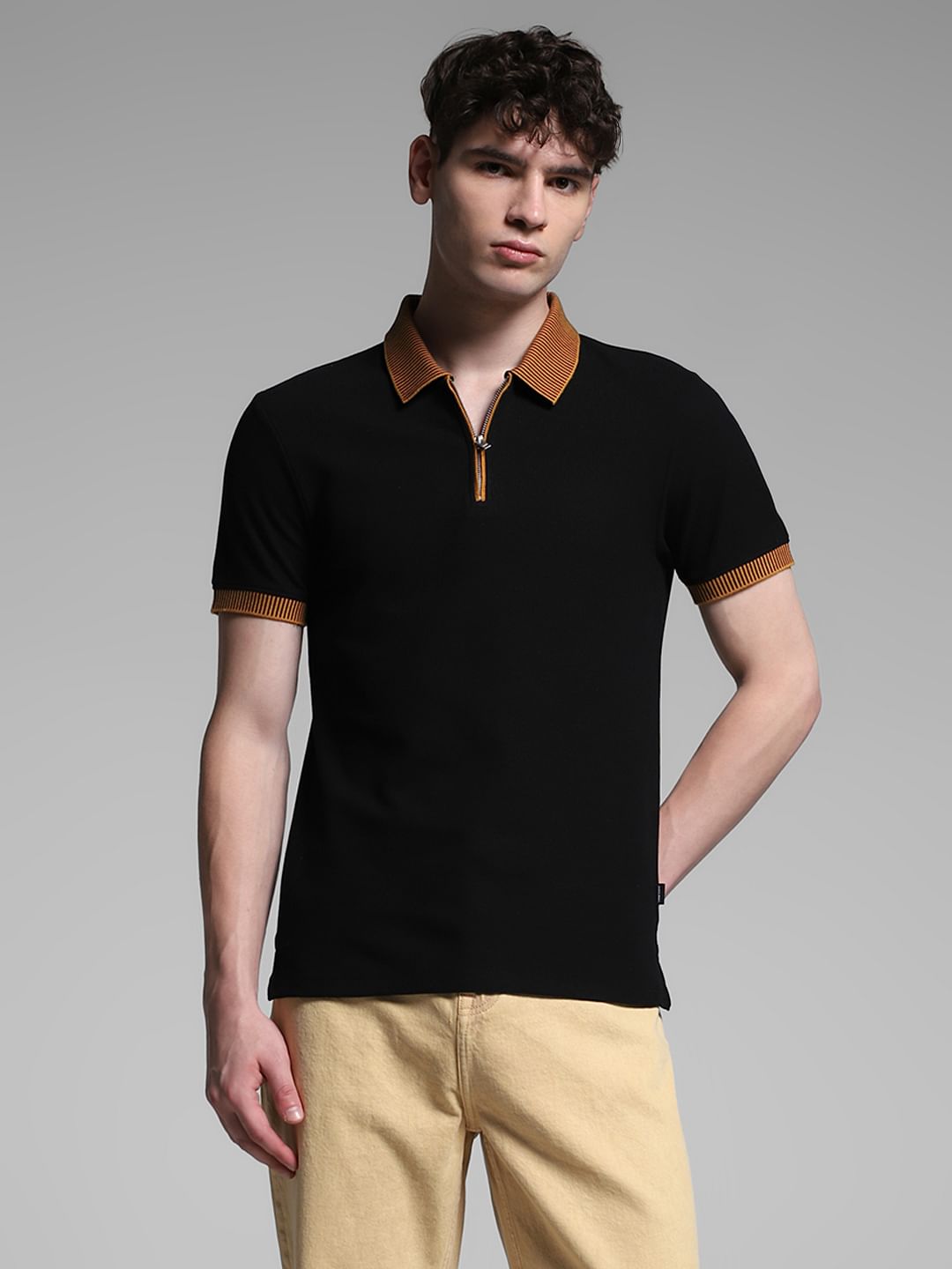 Black Contrast Placket Knitted Polo