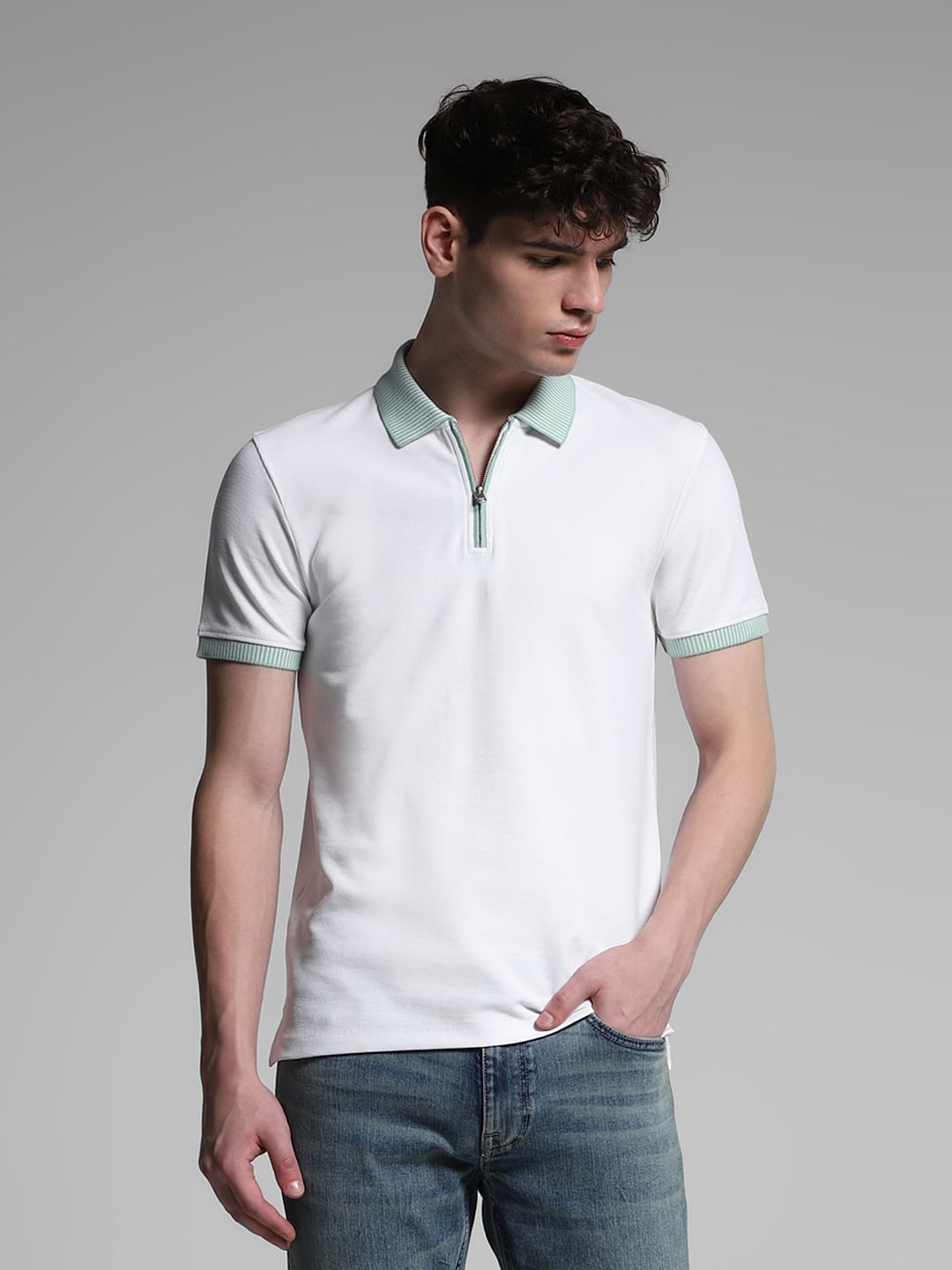 White Contrast Placket Knitted Polo