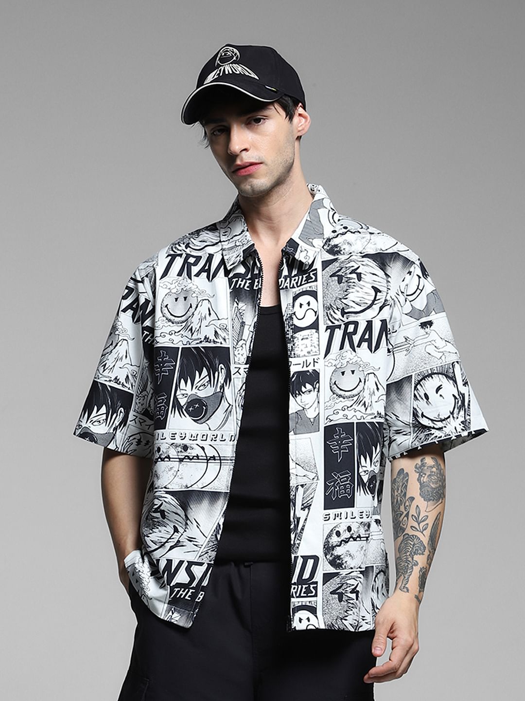 SmileyWorld   White Printed Oversized Shirt