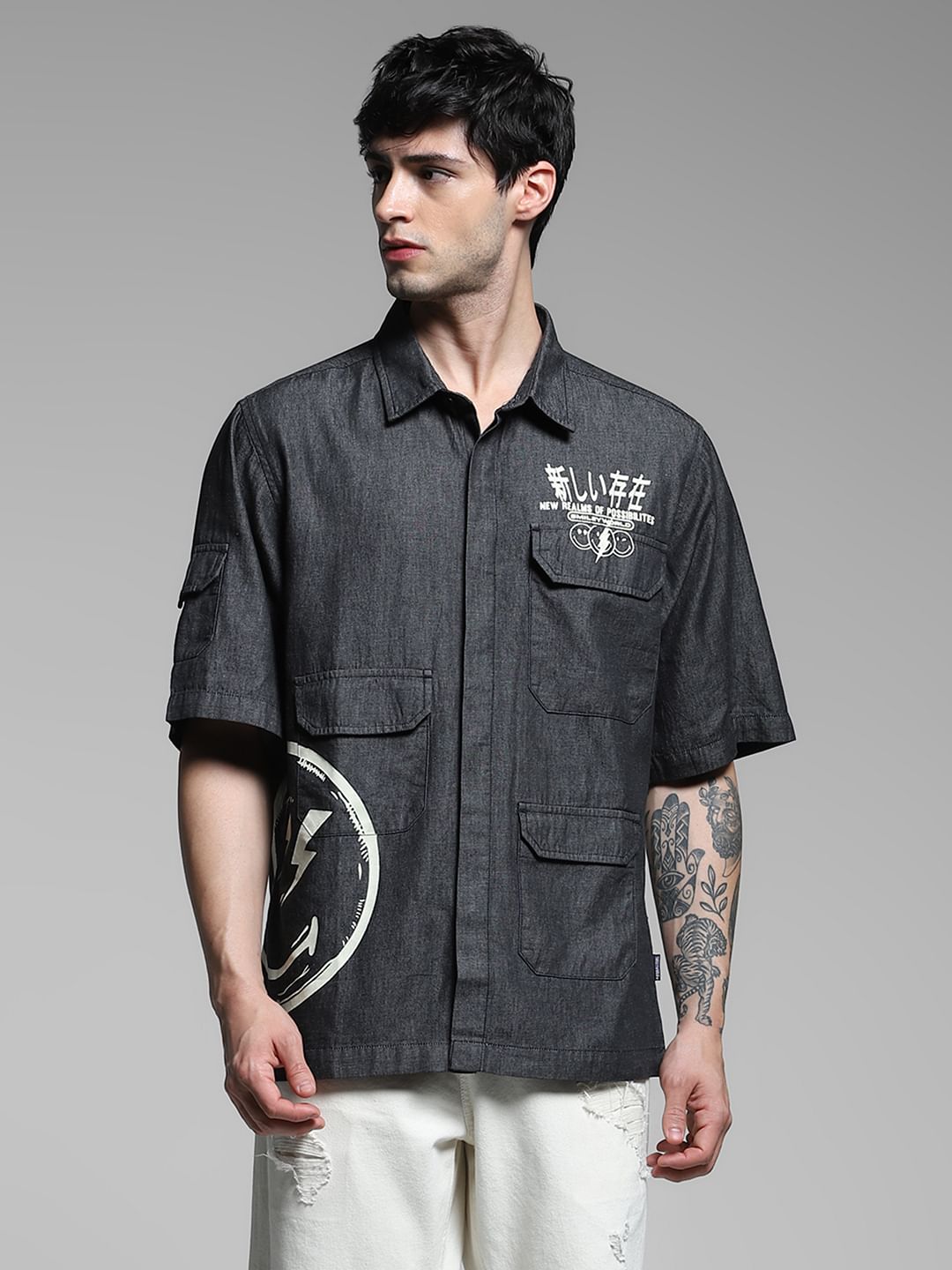 SmileyWorld   Grey Printed Oversized Shirt