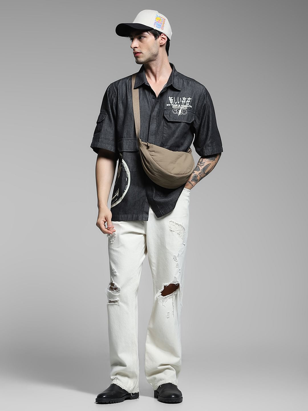 SmileyWorld   Grey Printed Oversized Shirt