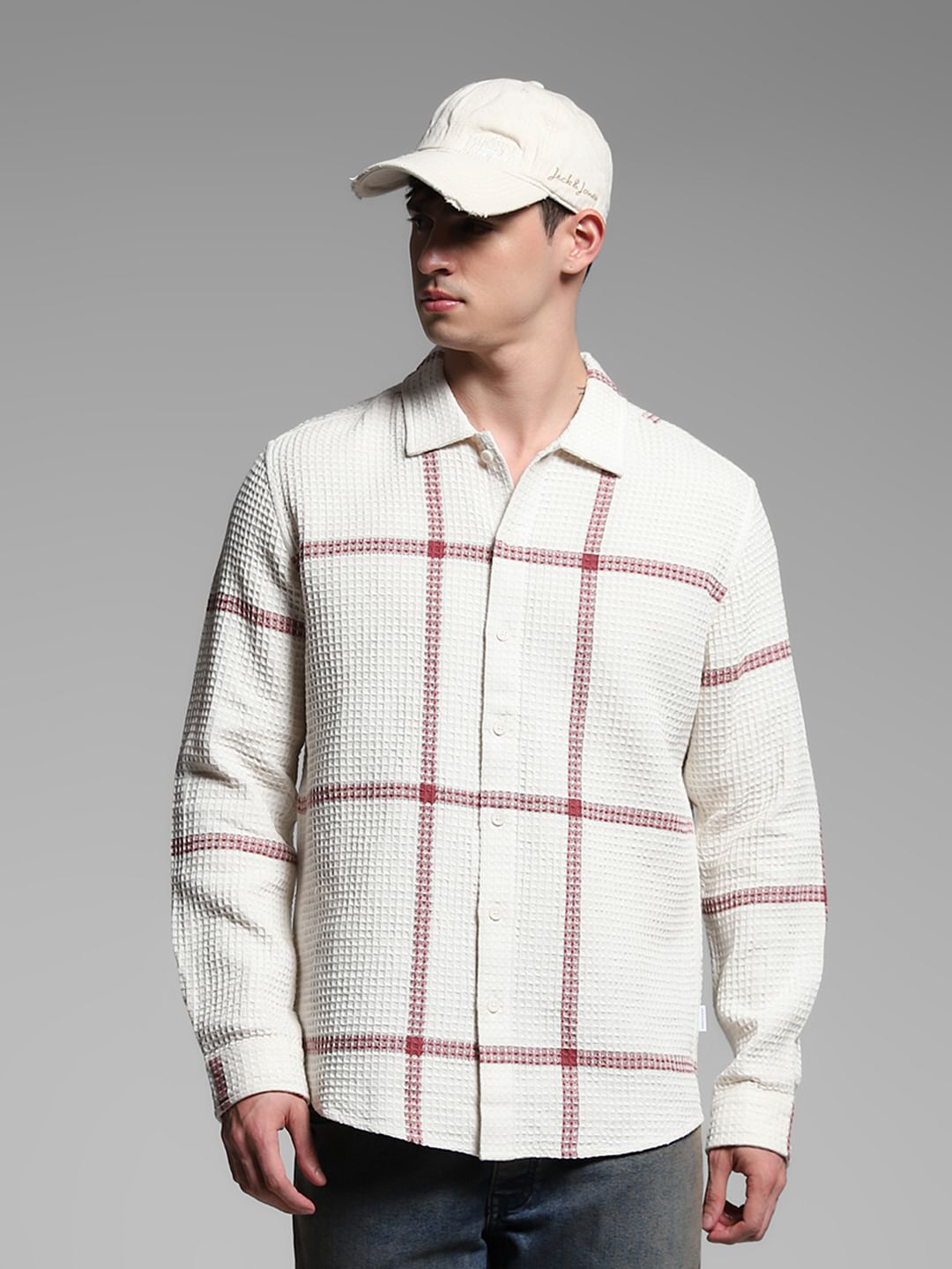 White Check Print Cotton Shirt - M