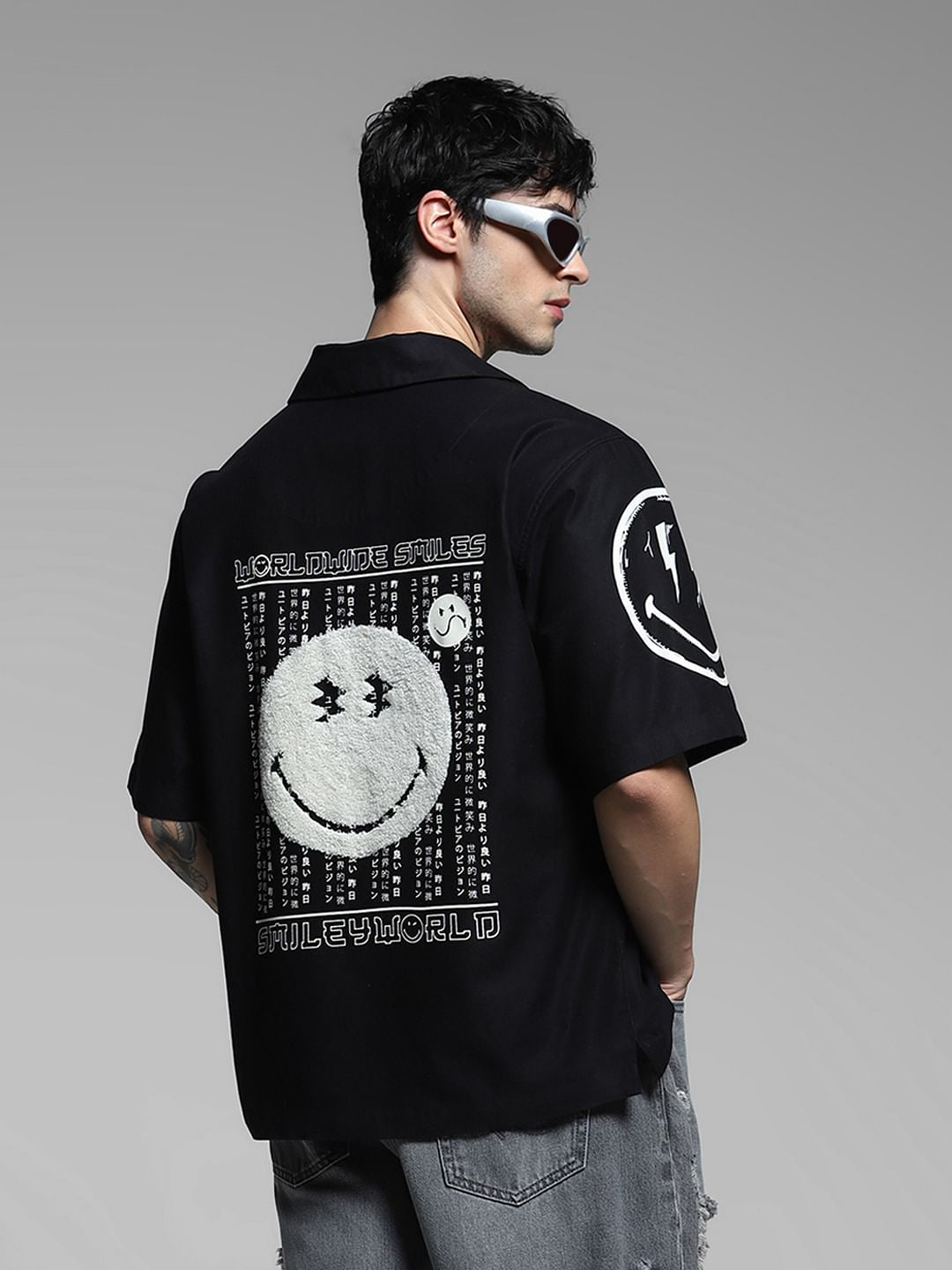 SmileyWorld Black Printed Oversized Shirt - S